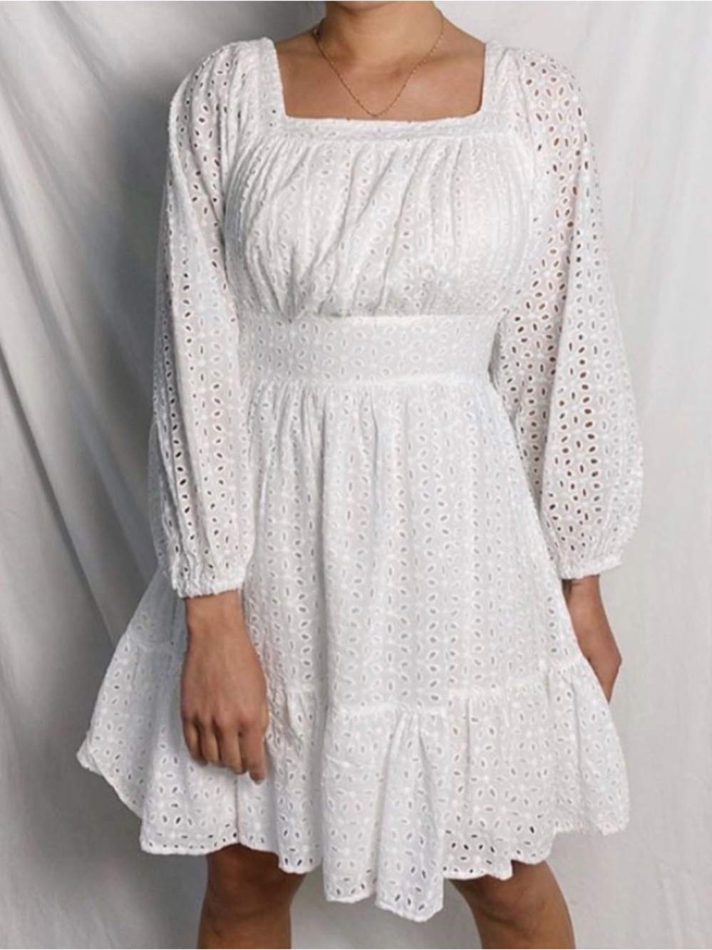 White Eyelet Long Sleeve Mini Dress with Square Neckline